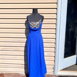 Chic Royal Blue Maxi Dress with Gold Detailing